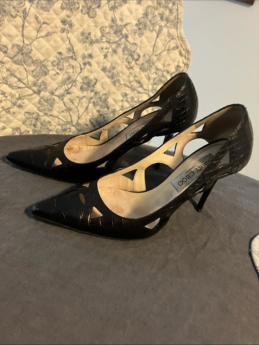 Jimmy Choo Black Patent Leather Cutout Pointed-Toe Pumps